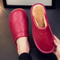 wine red genuine leather slippers shoes loves unisex indoor furry footwear womens plaid flats slipper