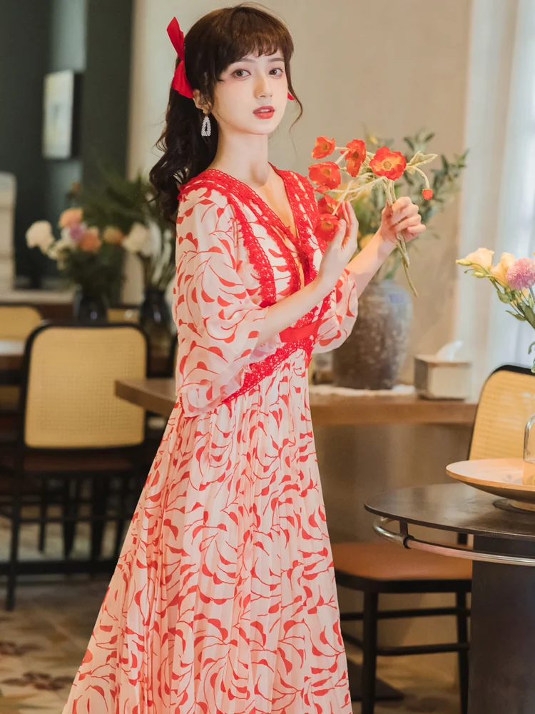 

2021 Summer New Vintage Lace Stitching Floral Dress Women Sweet V Neck Short Sleeve Print Dress Female A Line Long Dress