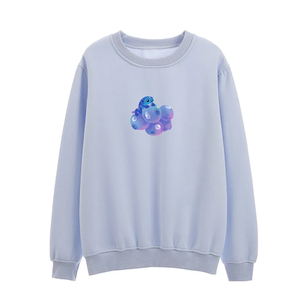 Graphic Blue Women Sweetshirts Oversize Hoodie Cute Cartoon Print Cotton Velvet Hoodies Women Aesthetic Sweatshirt Crew Neck Top