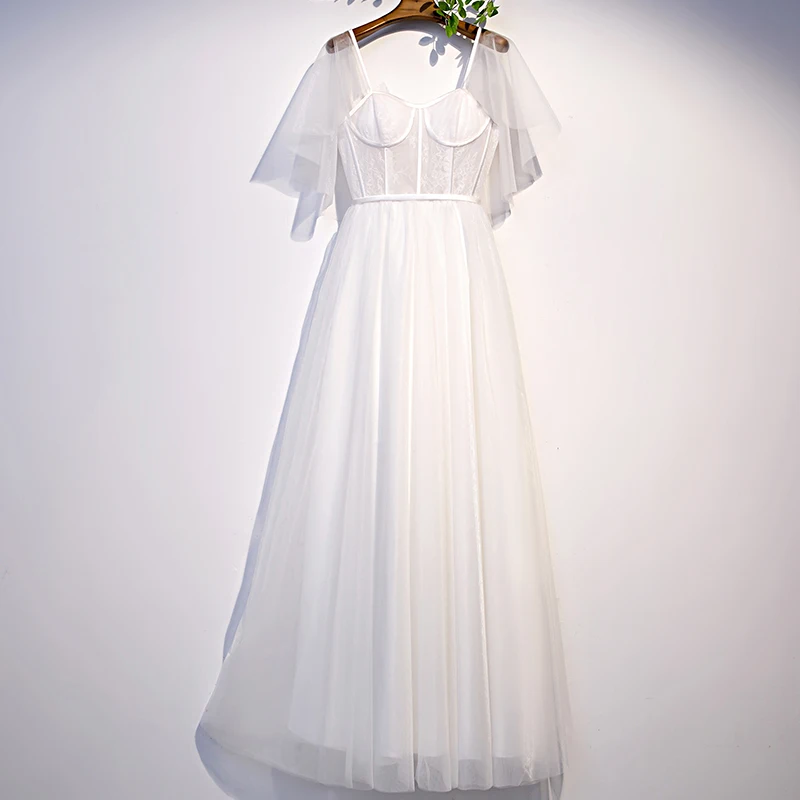 

White Evening Dress Sexy Strapless A-line Tea-length Embroidery Ruffles Short Sleeves Simple New Party Formal Dresses Woman B106