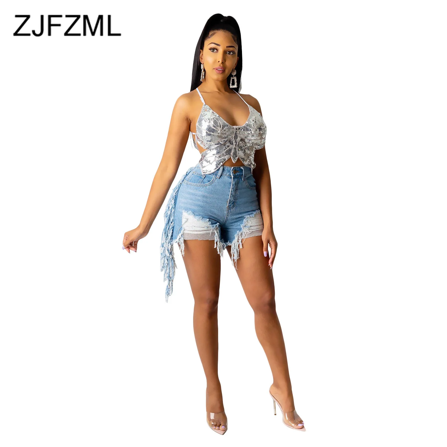 

Tassels Splicing Hollow Jeans for Women Streetwear High Waist Zipper Fly Denim Shorts Vintage Fur-lined Leg-openings Short Pants