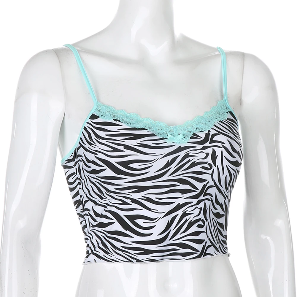 Женский кружевной топ без рукавов укороченный с принтом зебры и V-образным