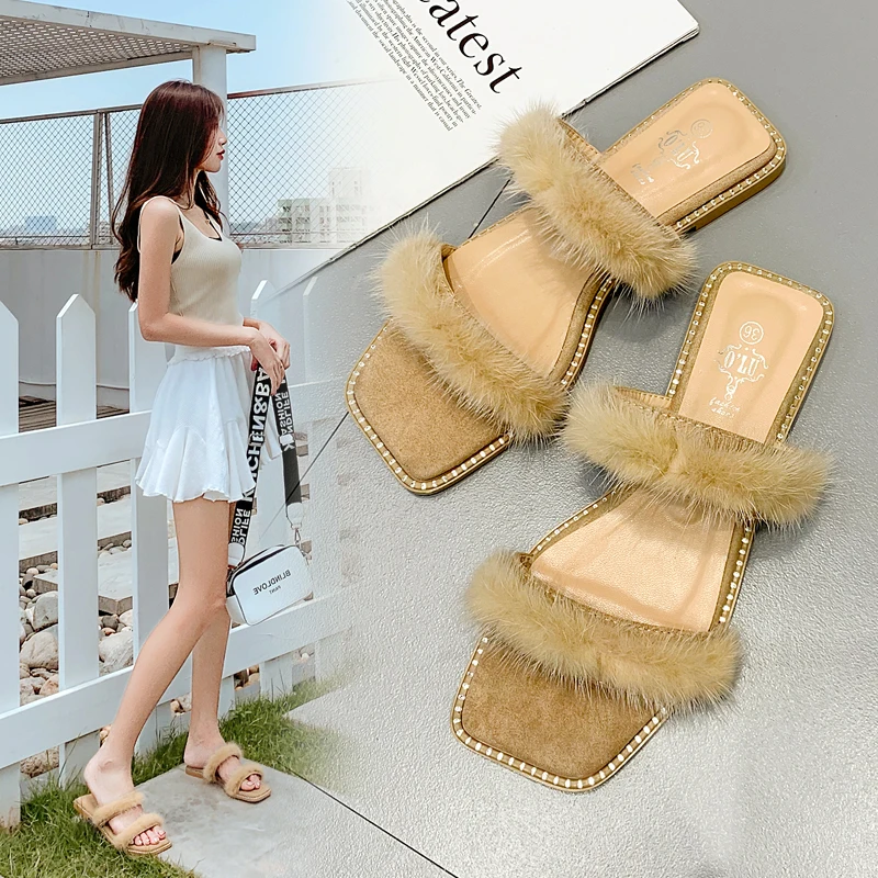 Женские сандалии из норкового меха пляжные шлепанцы на плоской подошве модные
