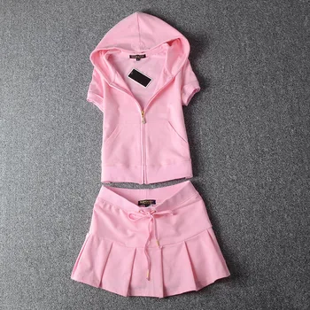Mini Skirt Suit 2 Piece Set Solid Women Short Sleeve Hooded Top And Skirt Summer Cotton Sweet for Girls Sports Sets S-XL 1