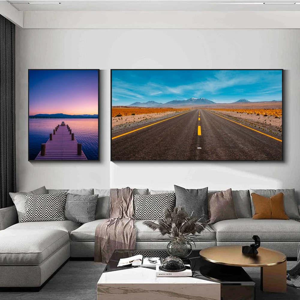 

Lakeside platform landscape oil painting desert road art canvas painting living room corridor office home decoration mural