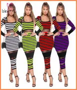 Boho Сексуальный комплект из двух предметов с открытыми плечами, укороченный топ с длинным рукавом+ юбка макси с разрезом, комплекты с трусиками, женские костюмы с радужным принтом