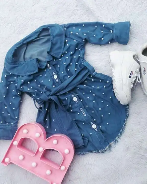 New Kids Blue Pearl Bowknot Denim Jeans Baby Girl Long Sleeve T-Shirt Girls Dress Kid Coat Toddler Clothes | Детская одежда и