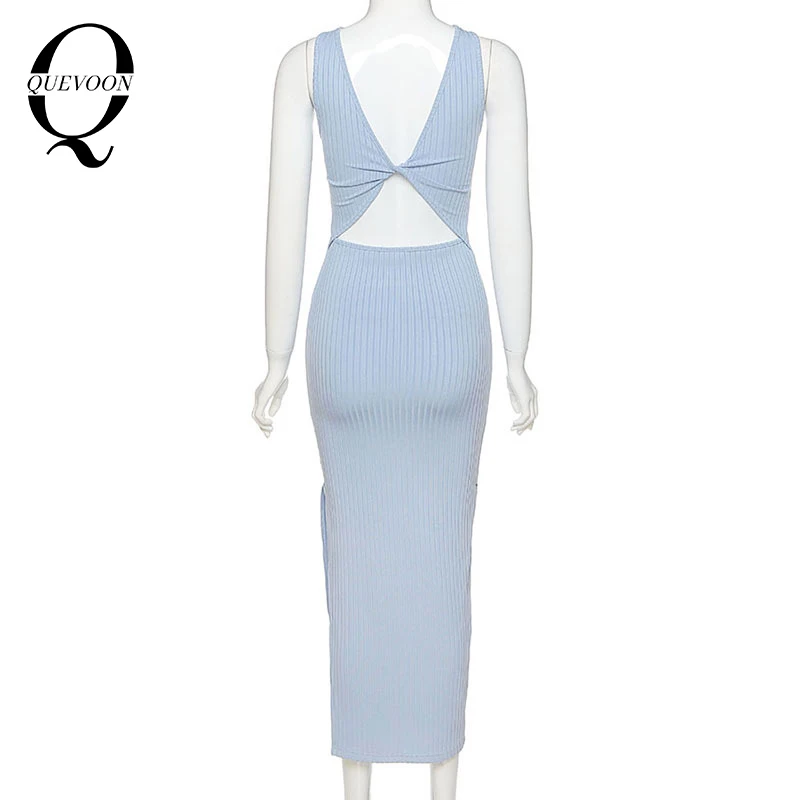 

QUEVOON Solid High Spilt Long Dress Backless Ribbed Sexy Streetwear Fashion Women Casual Dresses 2020 Female Autumn Summer Cloth