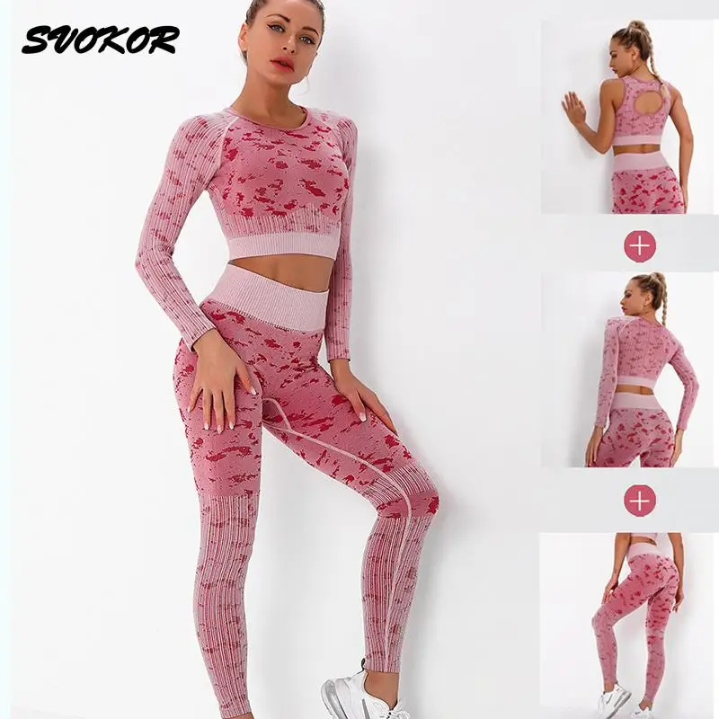 

SVOKOR Women Yoga Set Seamless 2/3Pcs Long Sleeve Crop Top Gym Sets Fitness Sport Bra Tracksuit Outfit Clothes Workout Sportwear