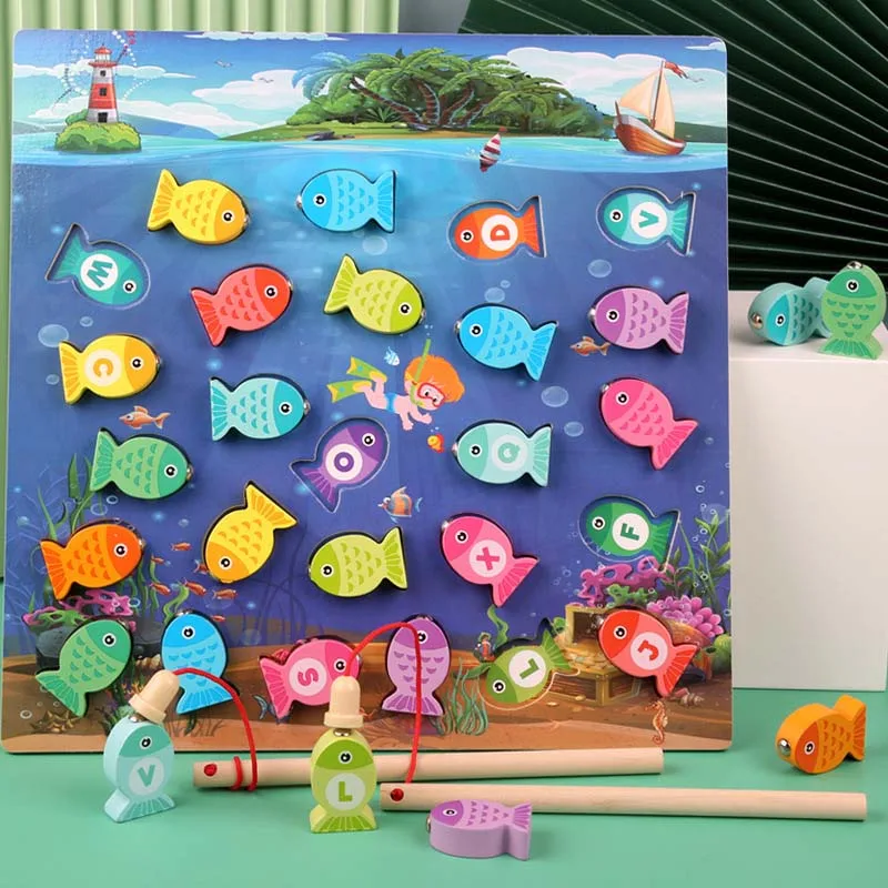 Деревянные веселые игрушки для рыбалки Деревянный 3d пазл магнитные рыболовные