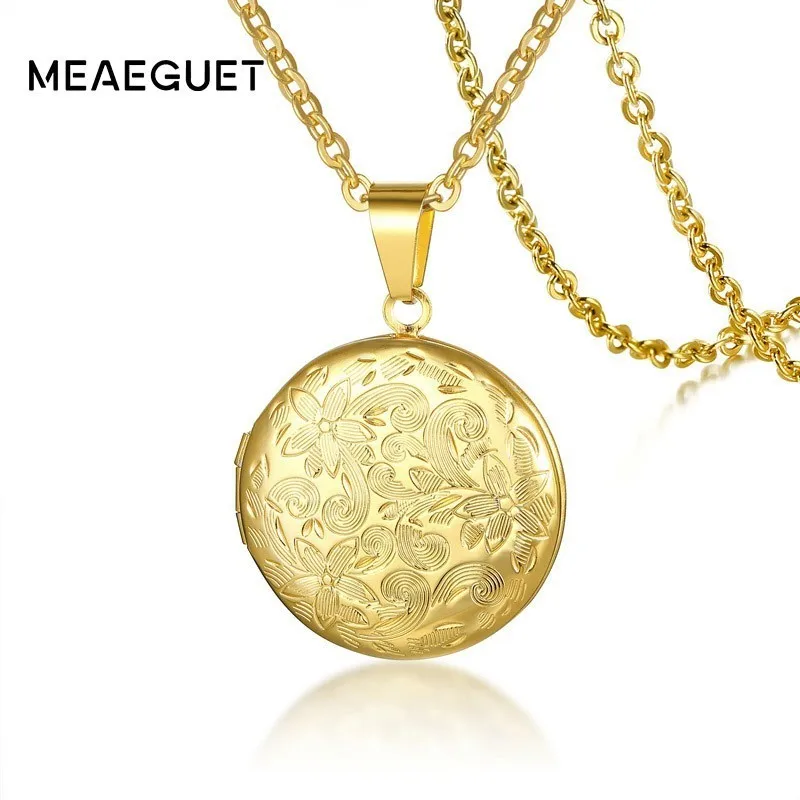 Винтажный круглый цветочный медальон кулон ожерелье с фотографиями Золотой