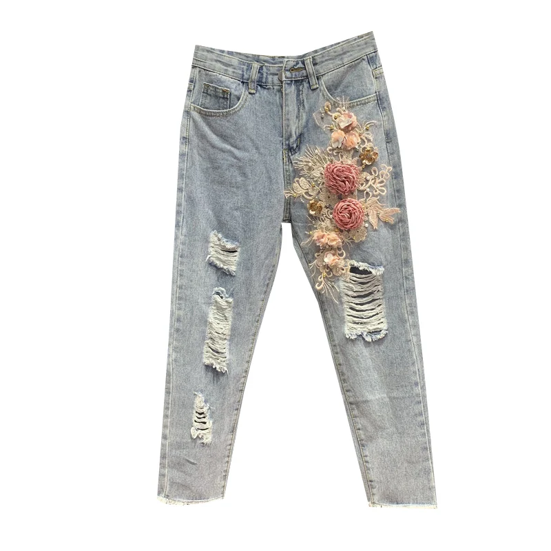 

Ripped Jeans for Woman Holes Flower Stickers Cowboy Trousers Women's Spring Summer Harem Pants Fashion Jean Jeans