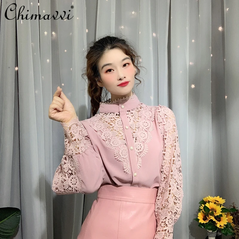 

Кружевная блузка с воротником-стойкой и вырезами, новинка 2021, милая вязаная рубашка в Корейском стиле, Женская фотография