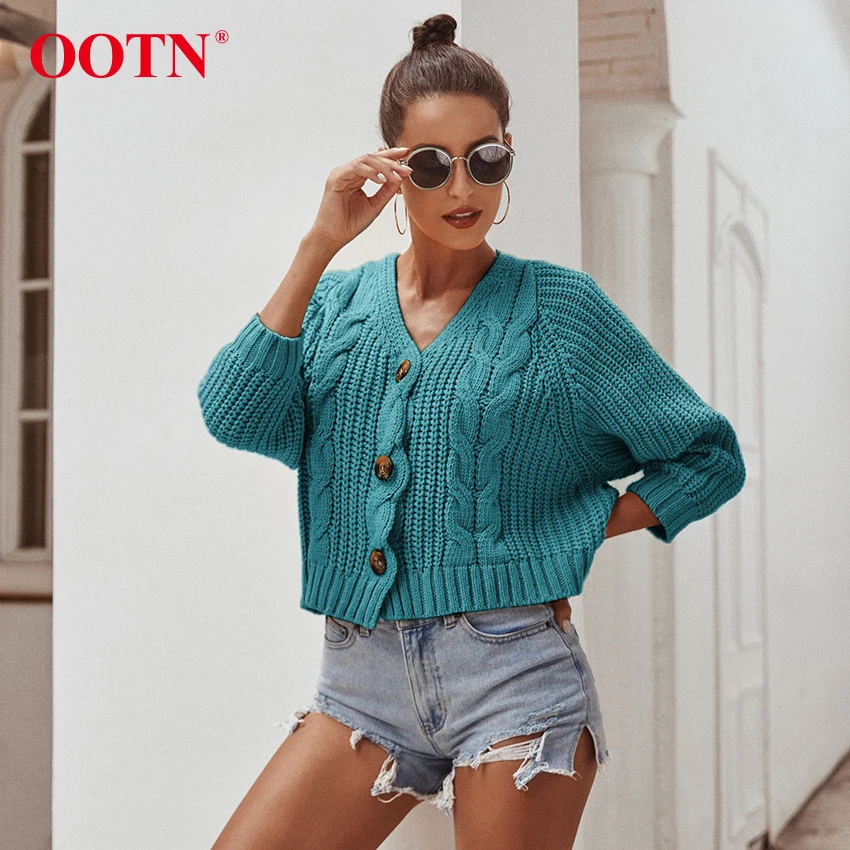 OOTN однобортный вязаный крючком пуговицы для кардигана короткий зимний женский свитер с длинным рукавом Повседневная Верхняя одежда свитер пальто