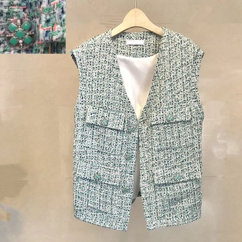 

Tailor Shop Custom Made Small Fragrance Waistcoat High-end Big-name Green Tweed Plaid Vest Jacket Female Trend