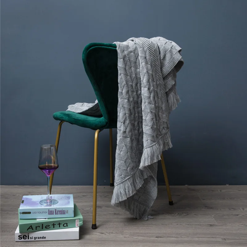 

New Nordic Retro Rhombus Wool Knitted Pure Color Blanket Bed End Towel with Sofa Blanket and Blanket