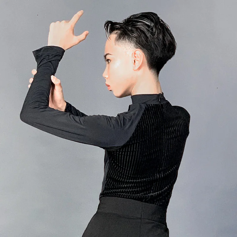 

2020 High Collar Latin Dance Tops For Boys Long Sleeve Black Shirts Practice Clothes Samba Tango Latin Dance Clothes DN7269