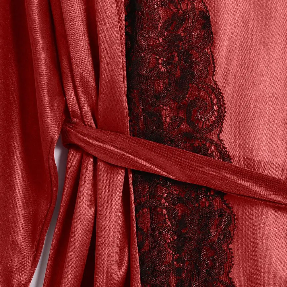 Женская кружевная ночная сорочка Однотонная с поясом 2019|Халаты| |