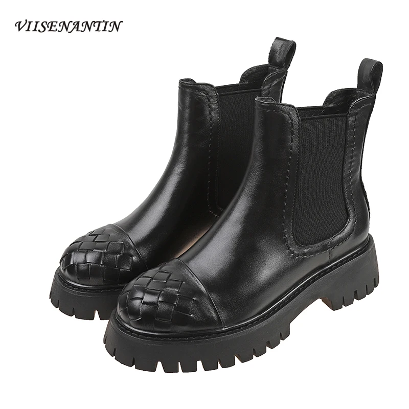 

Женские ботинки на толстой подошве, черные однотонные бархатные ботинки в британском стиле с круглым носком и эластичной резинкой, Осень-зи...