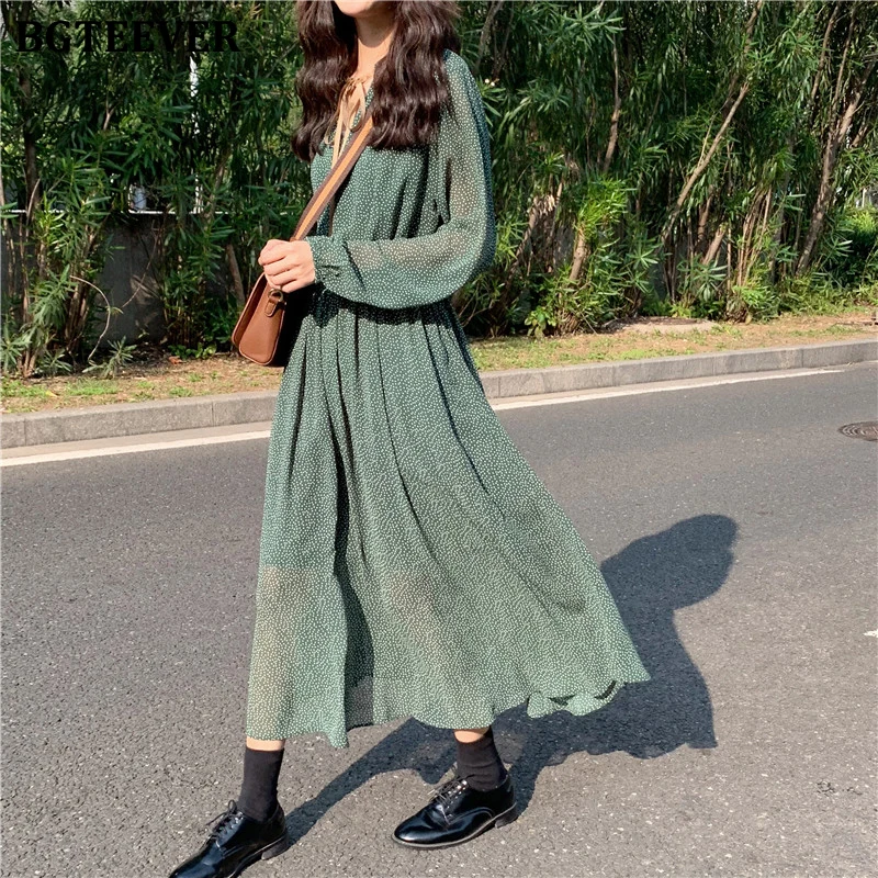 Платье BGTEEVER женское в горошек длинное винтажное платье трапеция с поясом на