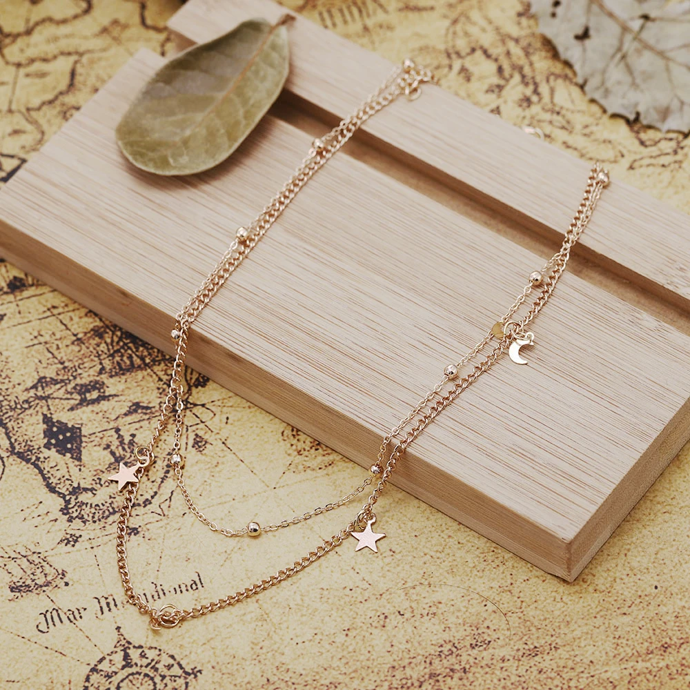 

Elegant Women Lady Charm gold Moon Star Round Pendant Double Layer Chain Choker Necklace Party Jewelry Luxurious Christmas gift