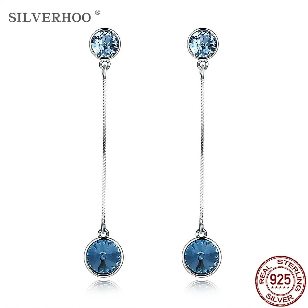 

"SILVERHOO Women's 925 Sterling Silver Long Drop Earrings Austria Crystal Simple Round Earring Female Anniversary Fine Jewelry