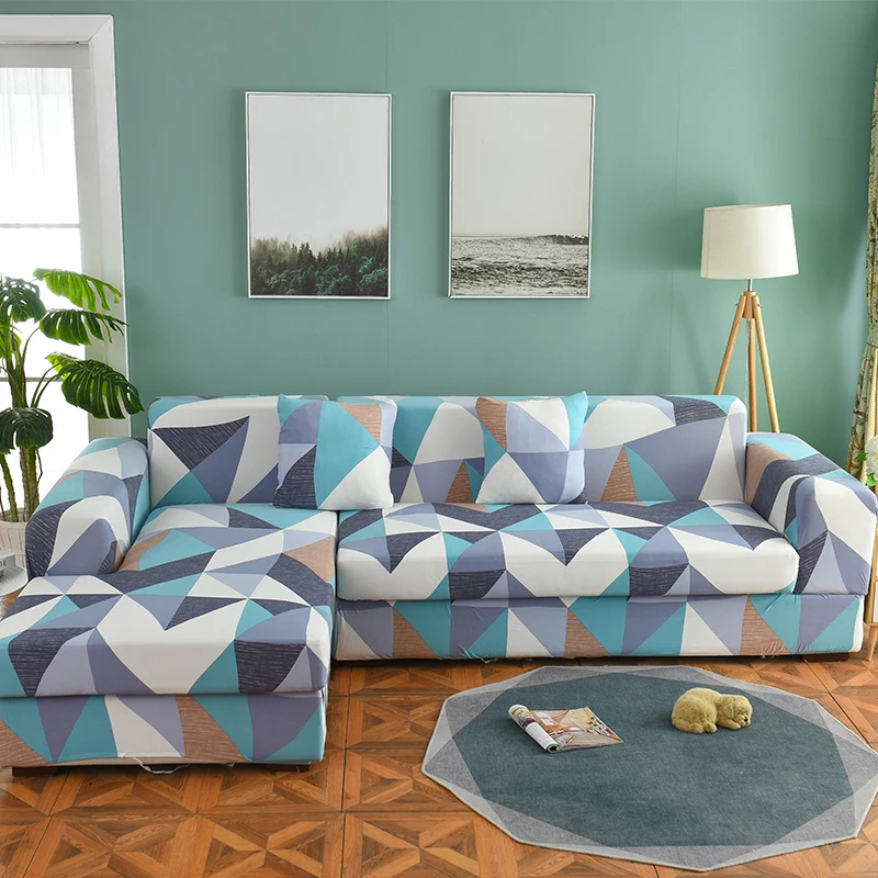 

Geometric Printed Elastic Stretch Sofa Cover Blue Lattice Sectional Slipcover Comfortable Soft L Shaped Brief Couch Covers