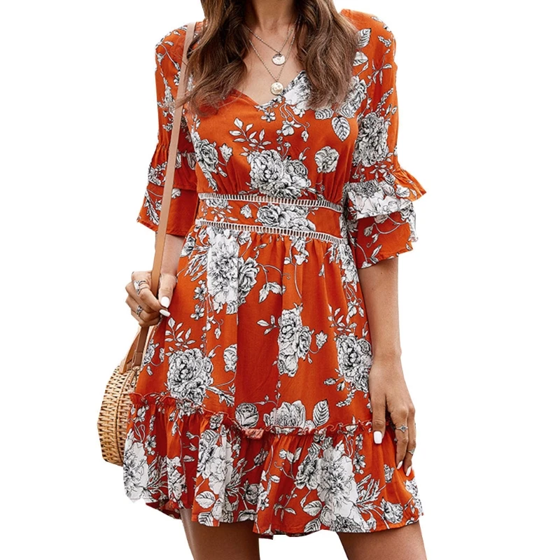 

Women Sexy V Neck Backless Short Sleeve Floral Dress Summer Party Beach Holiday Sundress H9ED