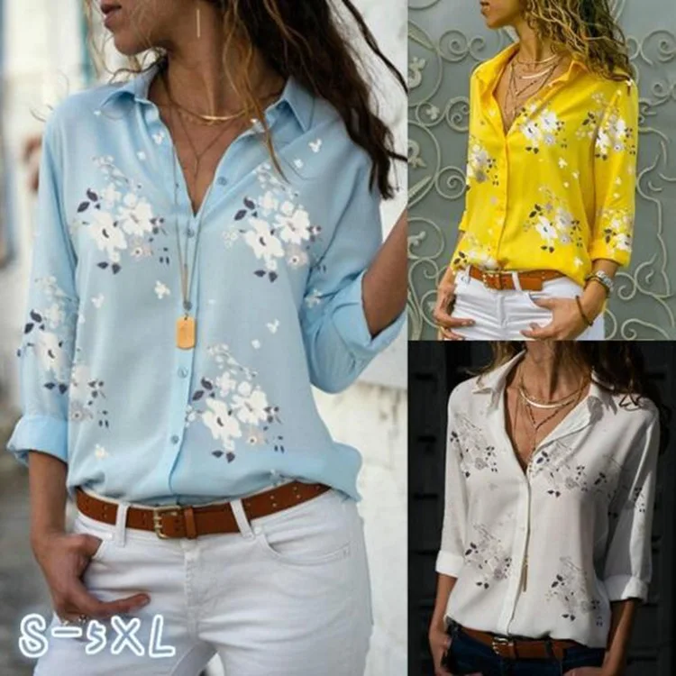 

Blouses Women Flower Print Long Sleeve Turn-down Neck Shirt and Blouse Casual Slim Shirt 2021 Summer Clothing Plus Size S-5XL