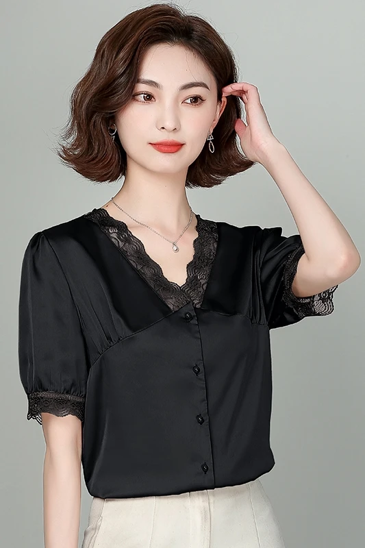 

COIGARSAM French Style Short Sleeve Shirt Womens tops New Summer Vintage Patchwork Lace Women shirts Black Ga Color 2161