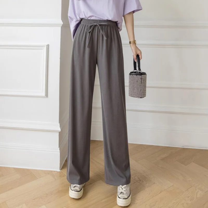 

Women Summer High Waist Elastic Sash Ice Silk Pants 2021 Solid Color Casual Loose Long Trousers Soft Comfortable Wide Leg Pant