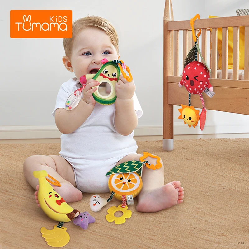 

Rabbit Mother Baby Wind Chime Stroller Pendant Comfort Plush Four-piece Toy 0-1 Year Old Fruit Rattle With Teether Toddler Toys
