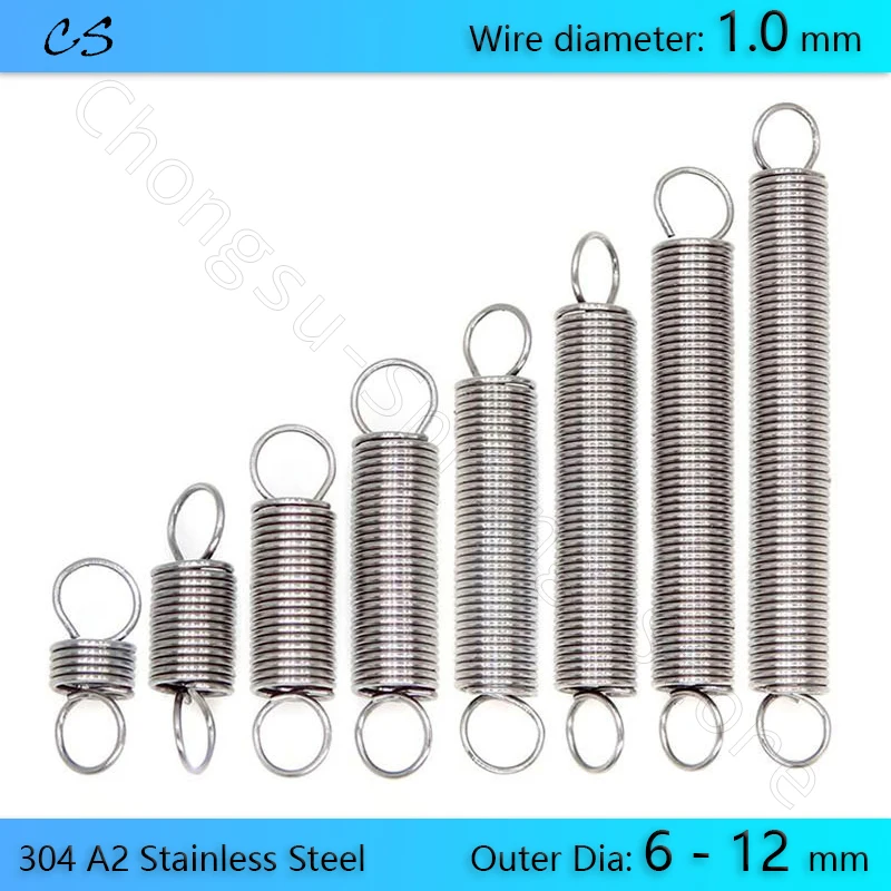 

5PCS 1.0mm Tension Spring with Hooks A2 Stainless steel 1.0mm Wire Dia Extension Springs Outer Dia 6 8 - 12mm Length 130 - 200mm