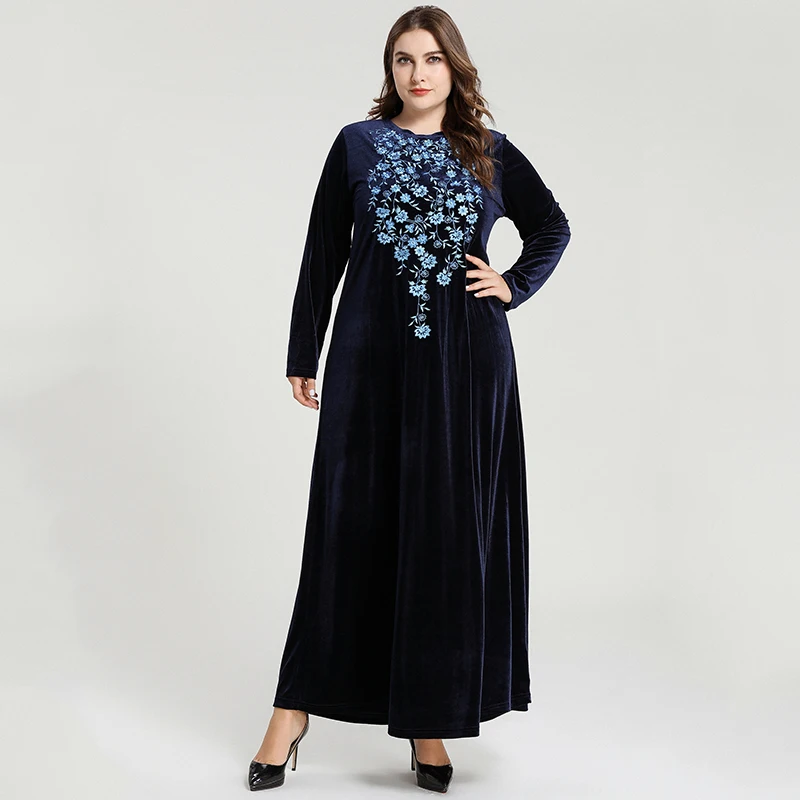 Бархатное платье макси с богемной вышивкой женское осеннее 2019 длинный рукав
