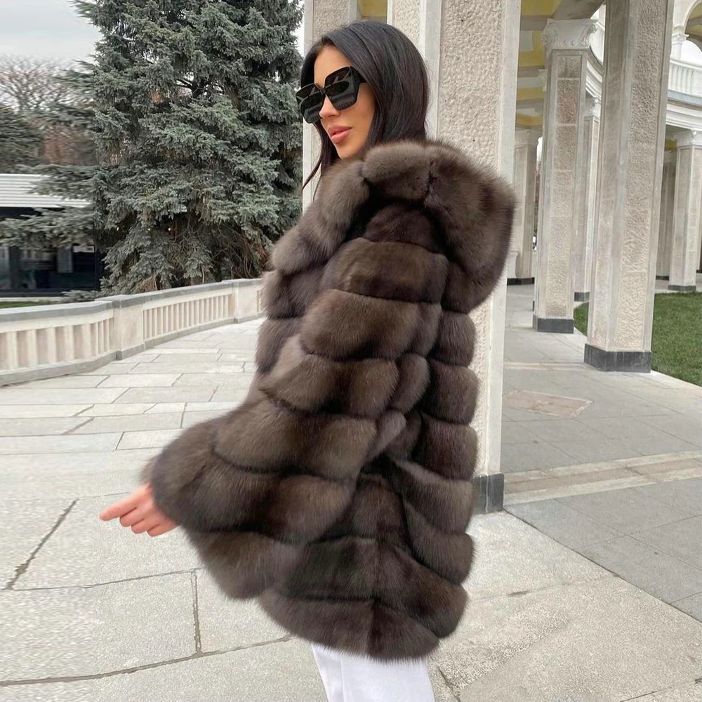 Women Mid-length Natural Fox Fur Jacket with Hood Sable Color Whole Skin Genuine Fox Fur Coats Thick Warm Fur Overcoat Female enlarge