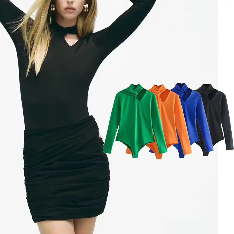 

Za Women 2021 Fashion Hollow Bodysuit Vintage Long Sleeve Street Female Sexy Playsuits Chic Casual Tops