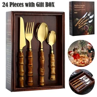 24 pcs bamboo handle tableware set stainless steel includes fork knife spoon set flatware with gift box dinnerware cutlery set