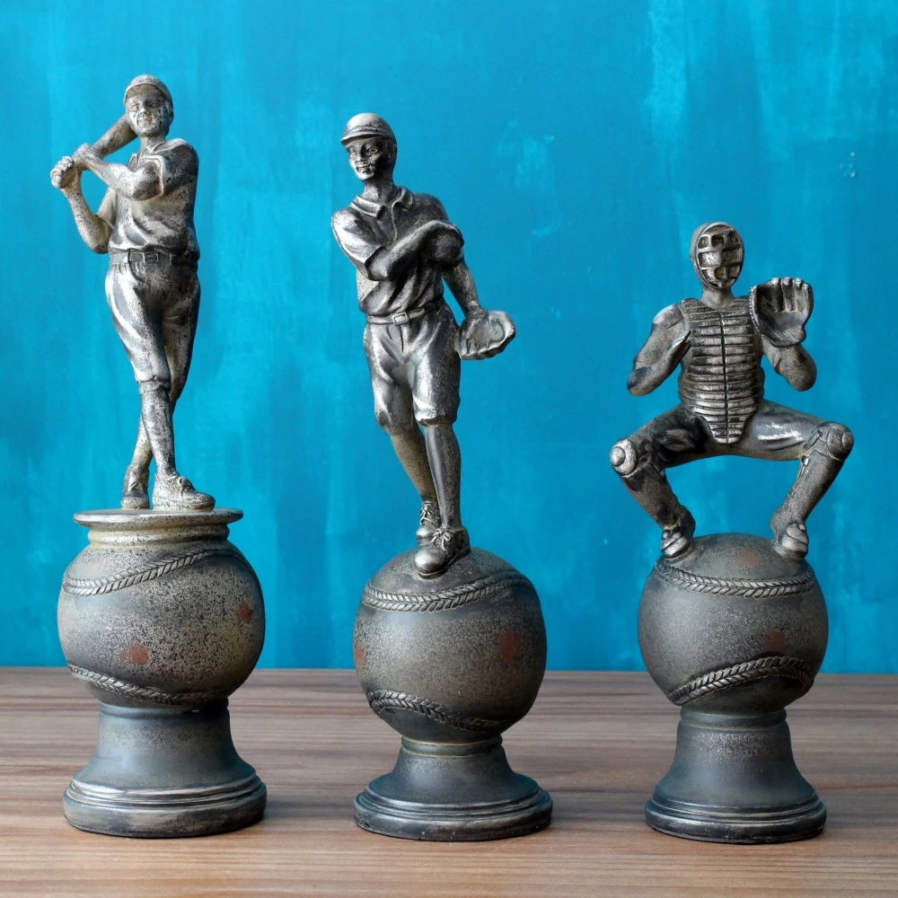 

[HHT]American Retro Sports Series Characters Sculpture Baseball Player Three-piece Ornaments Resin Crafts Villa Home Furnishings