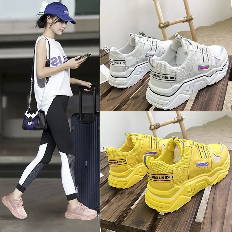 

Women Chunky Sneakers White Pink Yellow Shoes Woman Spring Female Lace-Up Mesh Womens Fashion Platform Sneaker Casual Shoes