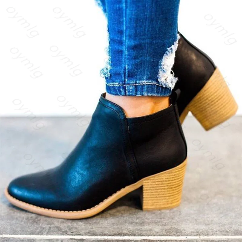 Женские ботильоны на высоком толстом каблуке повседневные Простые кожаные