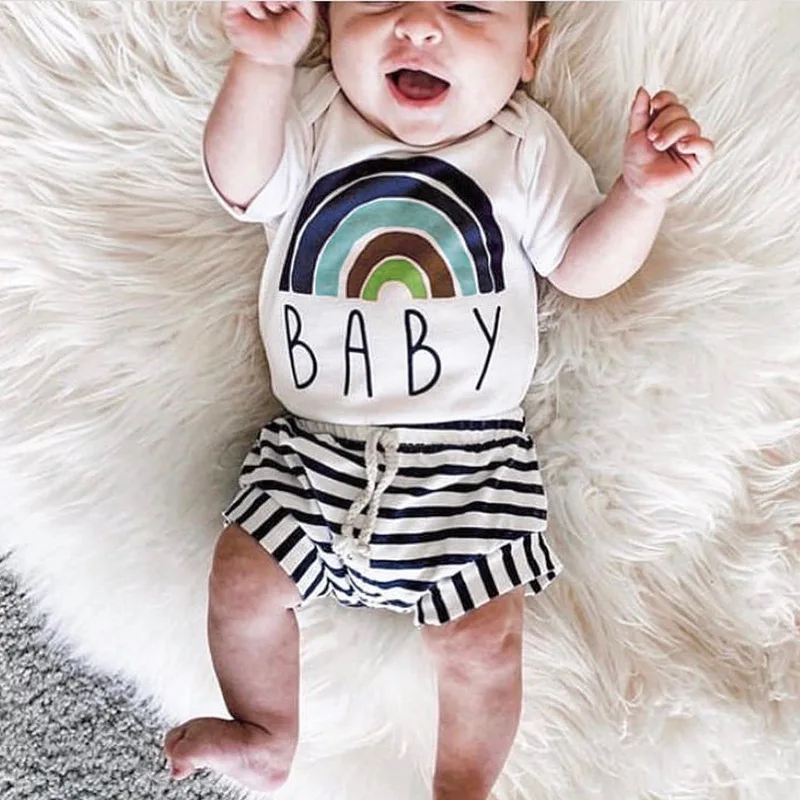 

2022 New Baby Clothes Cute Rainbow Baby Print 100% Cotton Bodysuit White Short Sleeve Summer Newborn Romper