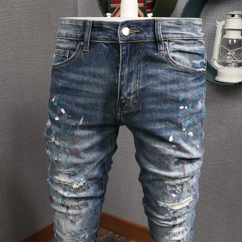 

American Streetwear Fashion Men Jeans High Quality Painted Designer Destroyed Ripped Denim Punk Pants Slim Fit Hip Hop Trousers