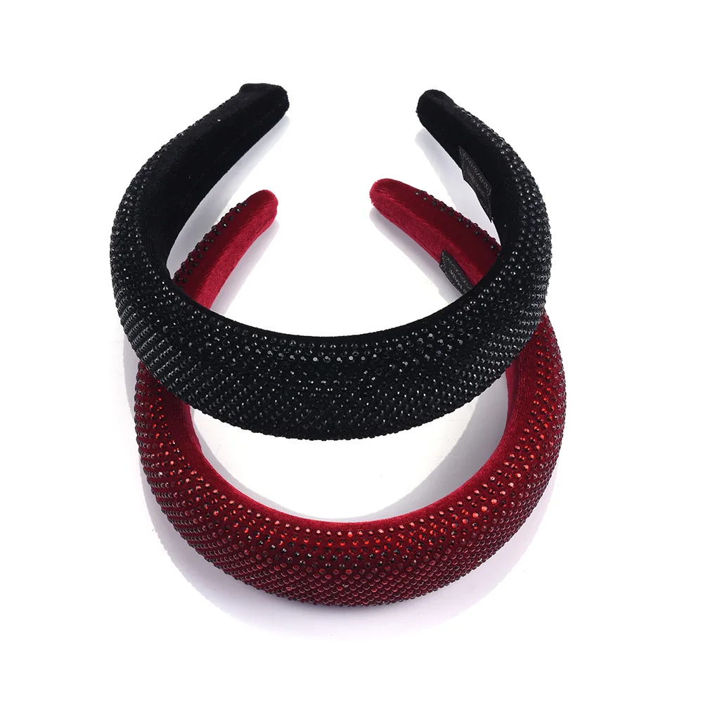 Velvet Rhinestone Hairband For Women Elegant Statement ZA Headband Jewelry Red Black Wide Large Hair Hoop Headwear Accessories