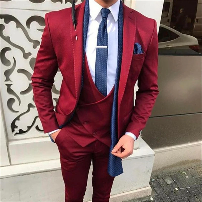 

Burgundy Men Suits for Wedding Slim Fit 3 Piece Groom Tuxedo Classic Male Jacket Vest with Pants Fashion Design 2021