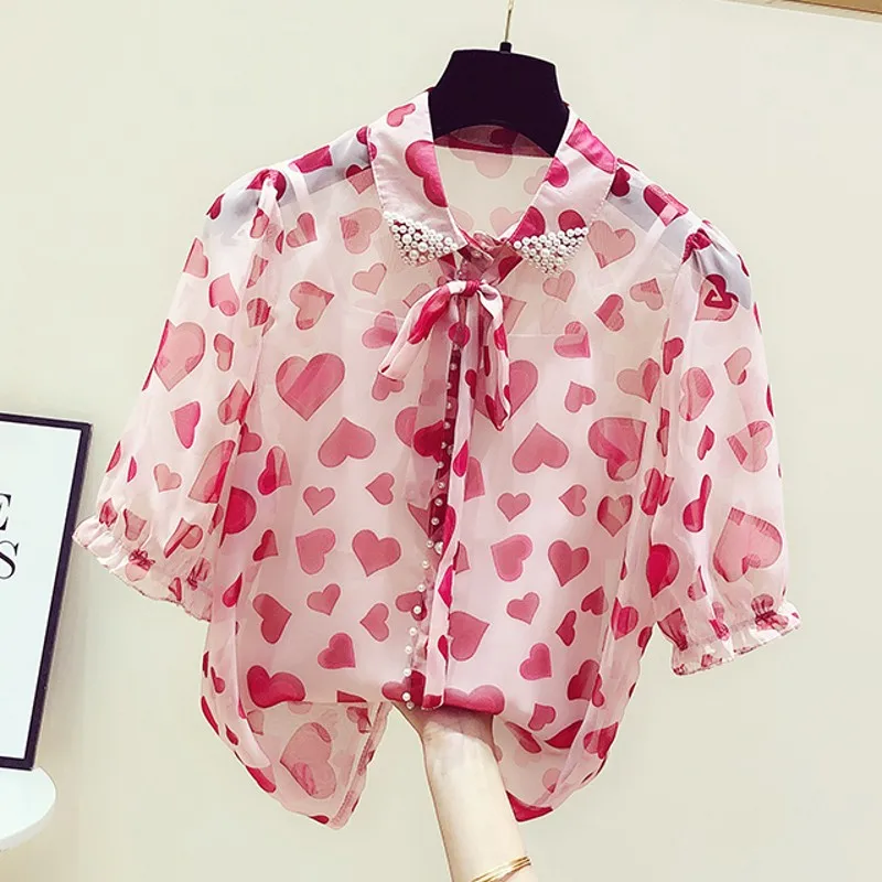 

Sweet Beaded Women Shirts 2021 Summer New Short-Sleeved Loose Button Heart Printed Lady Female Outwear Coat Tops