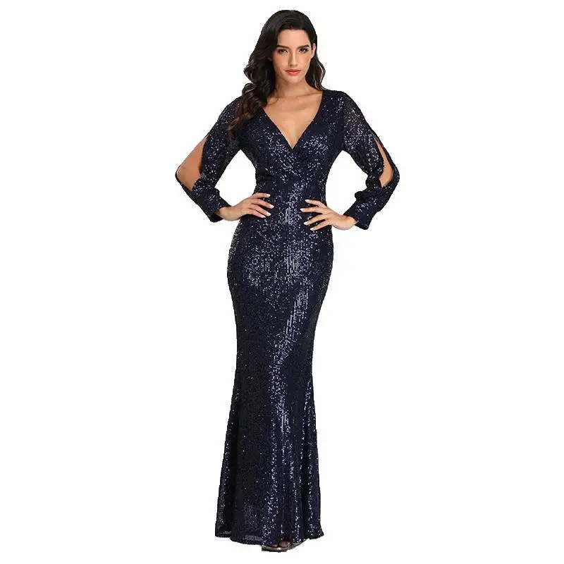 

Autumn and Winter Slim Banquet Fishtail Elegant Party Sequins Sexy V-Neck Long Prom Evening Dress Long Sleeve Dress 2021