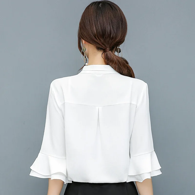 

Chiffon Blouses Women Autumn Fashion Flare Sleeve V-neck pure Shirt Office Blouse Slim Casual Tops Female Plus Size