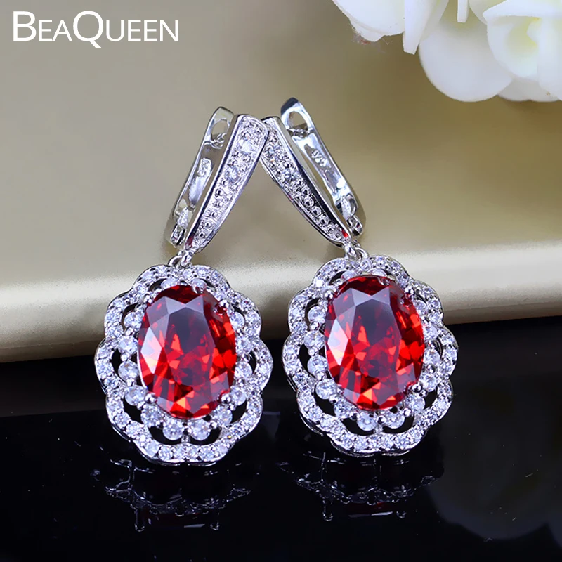 

BeaQueen Stunning Turkish Red Garnet Big Oval Cubic Zirconia Stone Hanging Drop Earrings Women Wedding Jewelry Accessories E125