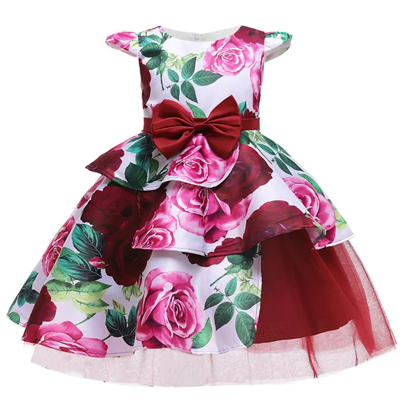 

Kids Vintage Flower Print Dress Girls Flying Sleeves Bow Birthday Party Costumes Toddler Girls First Communion Ball Gown Clothes