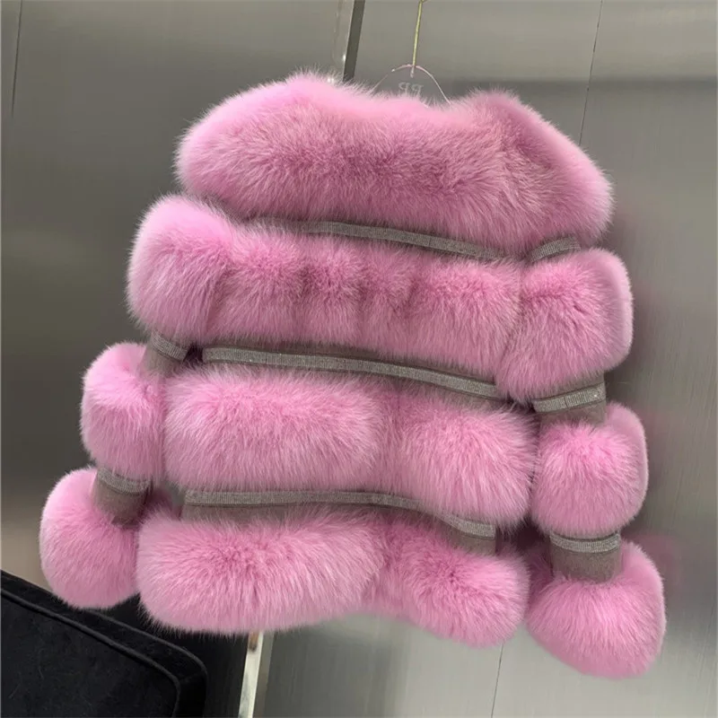 2022 Winter New Real Fox Fur Coat Women Genuine Fox Fur Jacket Splicing Cashmere Woolen Fur Coats With Crystal Diamonds